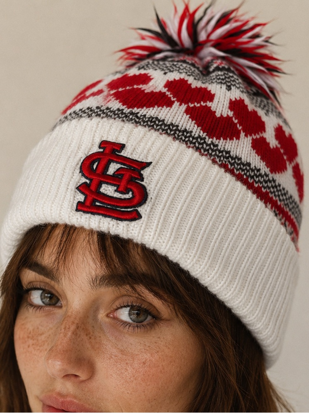 💗FREE WITH PURCHASE💗 Stl Cardinals Baseball Knit Pom Beanie - White & Red